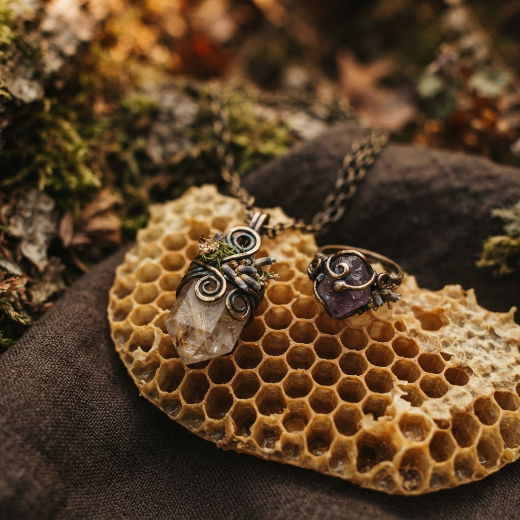 Handmade wearable art necklace and ring made from natural stones, brass wire, and dried flowers
