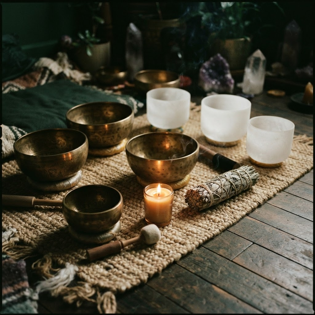 Brass and crystal singing bowls arranged with dried sage and a candle in warm light