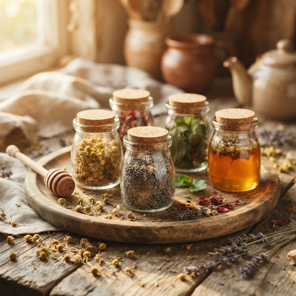 Small glass jars of loose-leaf herbal tea blends with dried flowers and a wooden honey dipper