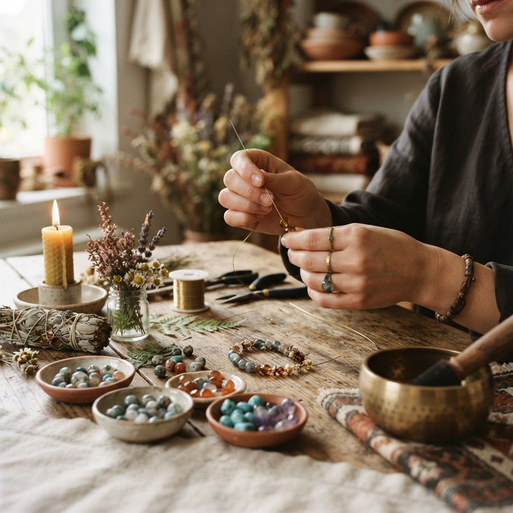 Hands threading natural stones and dried flowers to make handmade jewelry, surrounded by beeswax candles and dried herbs